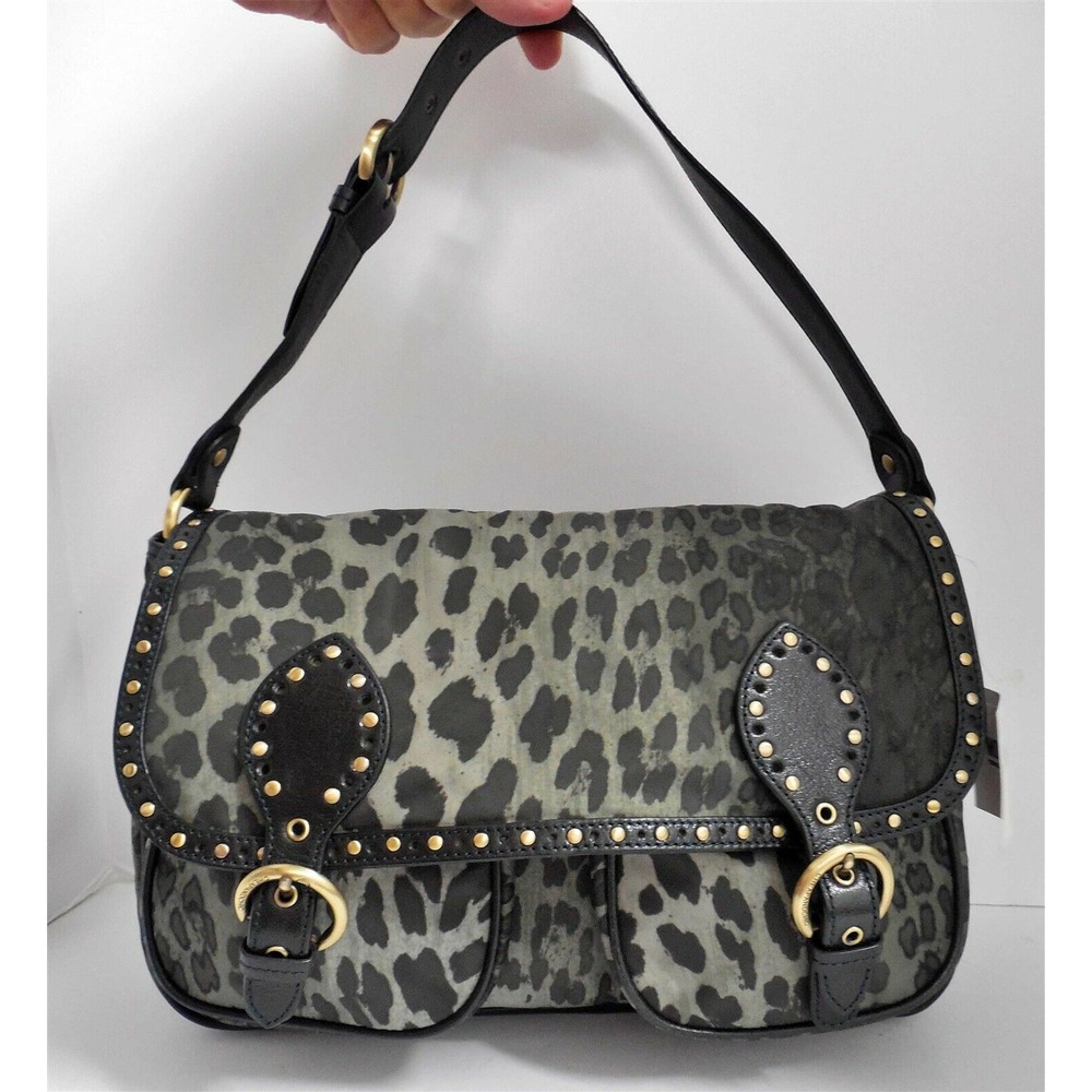 New Moschino Cheap & Chic Gray Black Leopard Nylon Leather‎ Studded Shoulder Bag